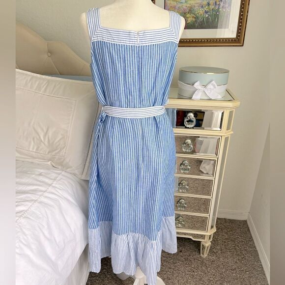 Talbots STRIPE TIE WAIST LINEN MIDI DRESS - Picture 6 of 8